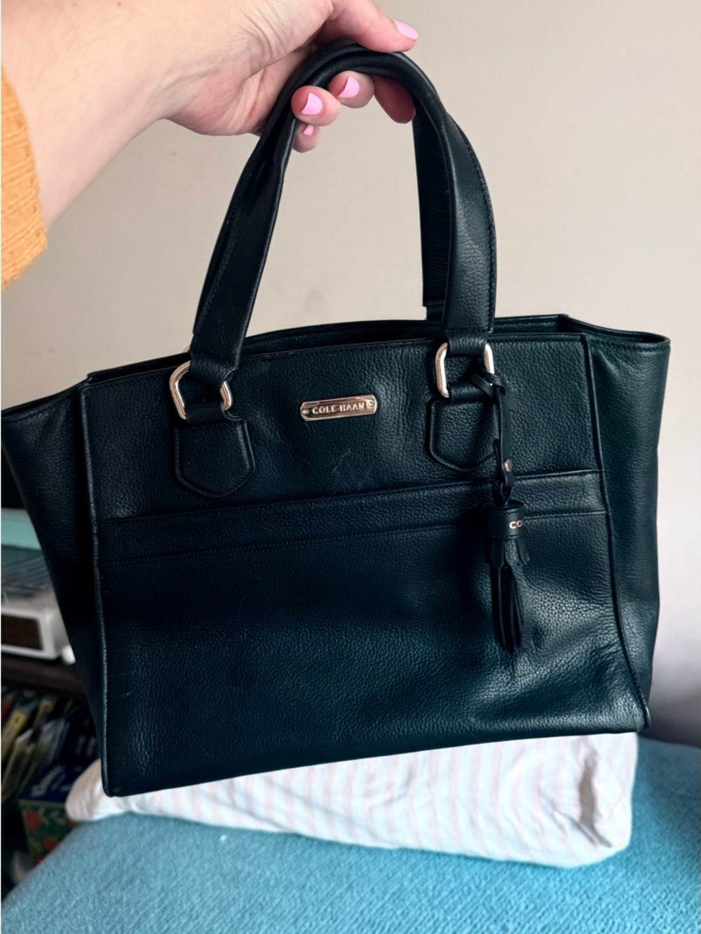 Cole Haan Black Leather Satchel with Tassel Accent